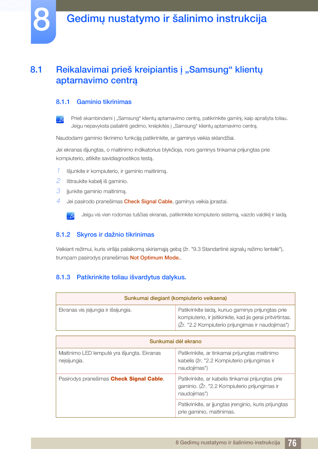 Samsung LS27A650DS/EN manual Gedimų nustatymo ir šalinimo instrukcija, Gaminio tikrinimas, Skyros ir dažnio tikrinimas 