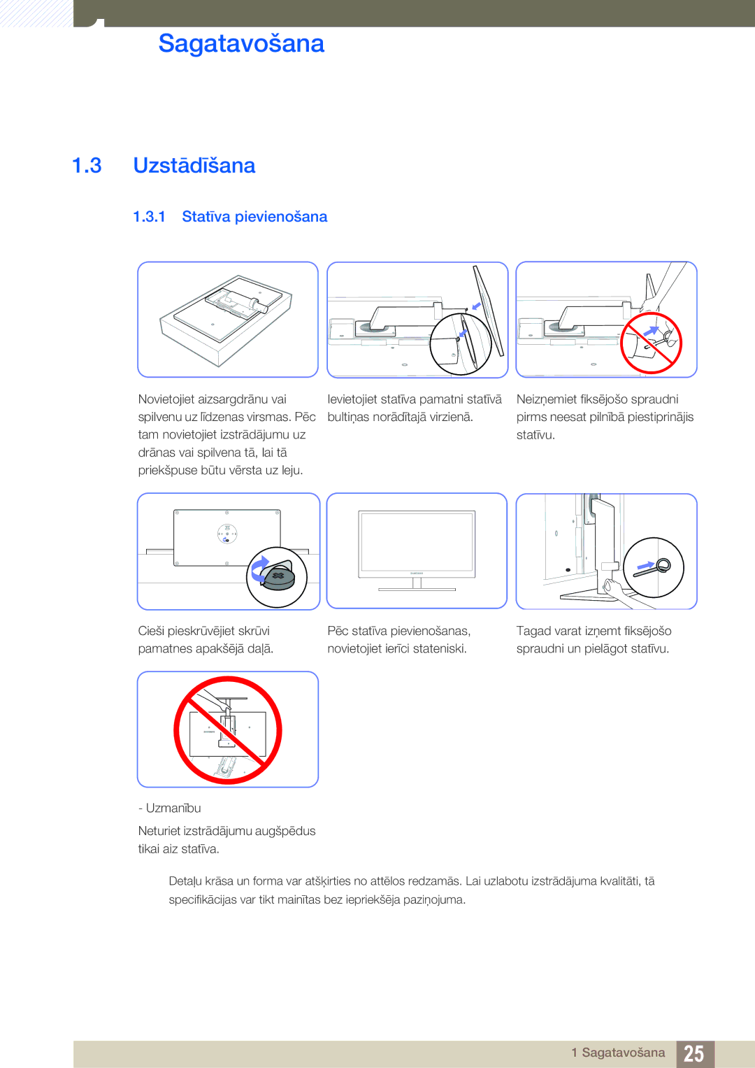 Samsung LS24A650DE/EN, LS27A650DS/EN, LS24A650DS/EN, LS24A850DW/EN, LS27A650DE/EN manual Uzstādīšana, Statīva pievienošana 