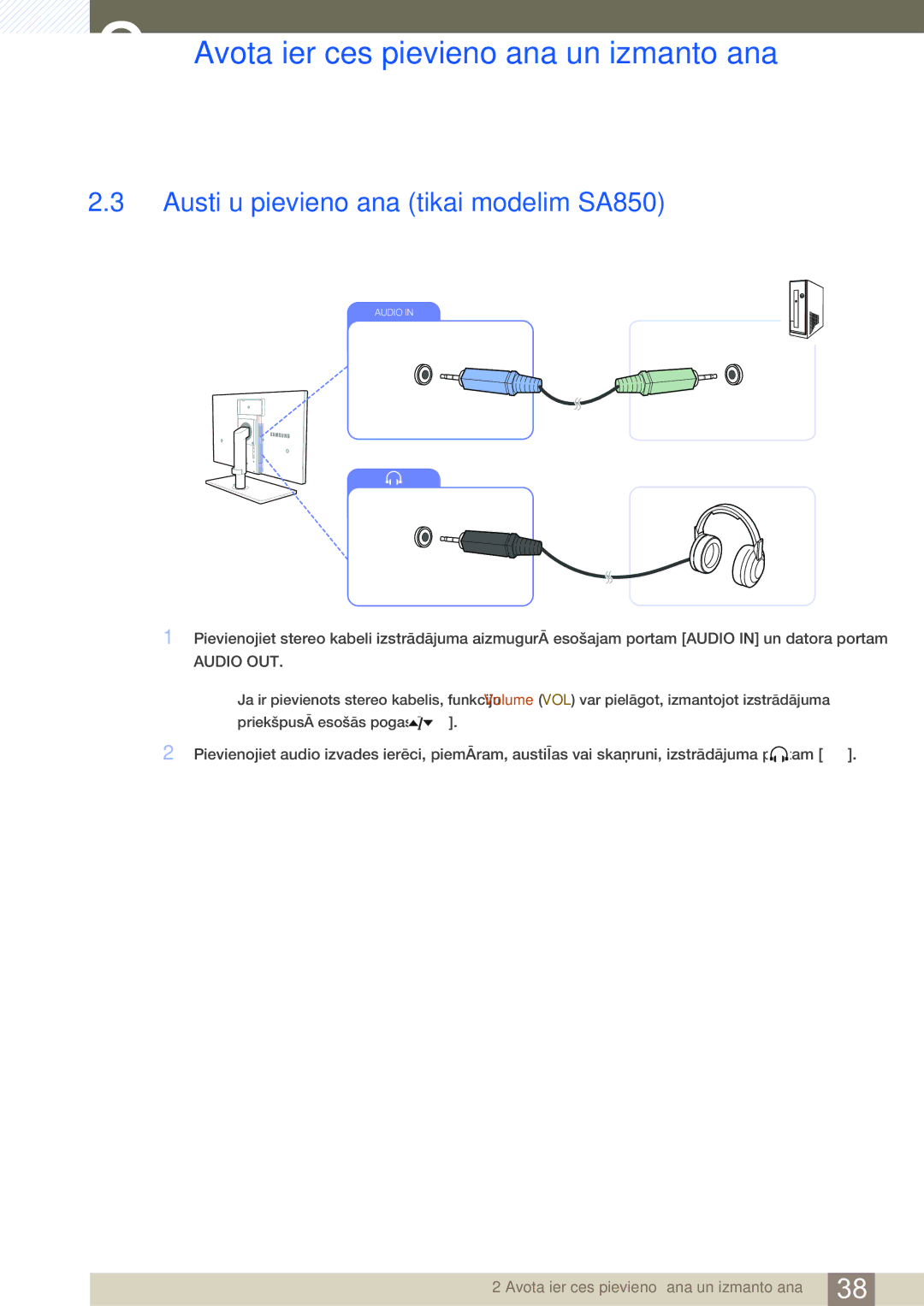 Samsung LS24A850DW/EN, LS24A650DE/EN, LS27A650DS/EN, LS24A650DS/EN manual Austiņu pievienošana tikai modelim SA850, Audio OUT 