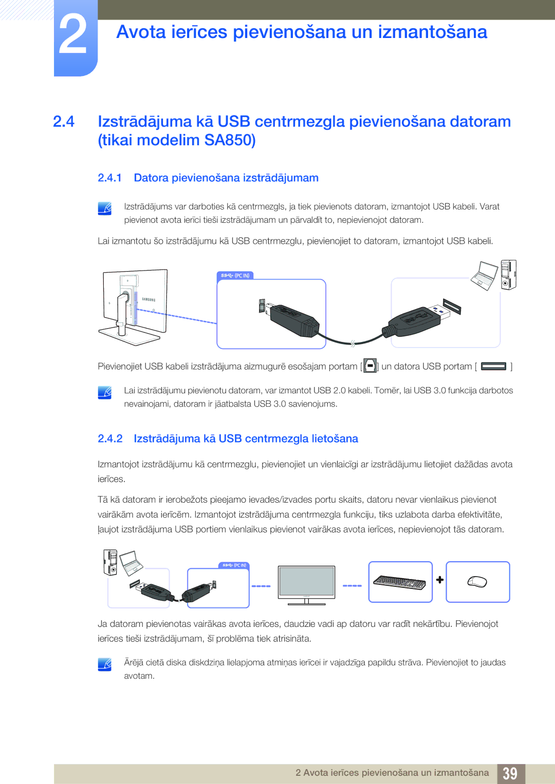 Samsung LS27A650DE/EN, LS24A650DE/EN manual Datora pievienošana izstrādājumam, Izstrādājuma kā USB centrmezgla lietošana 