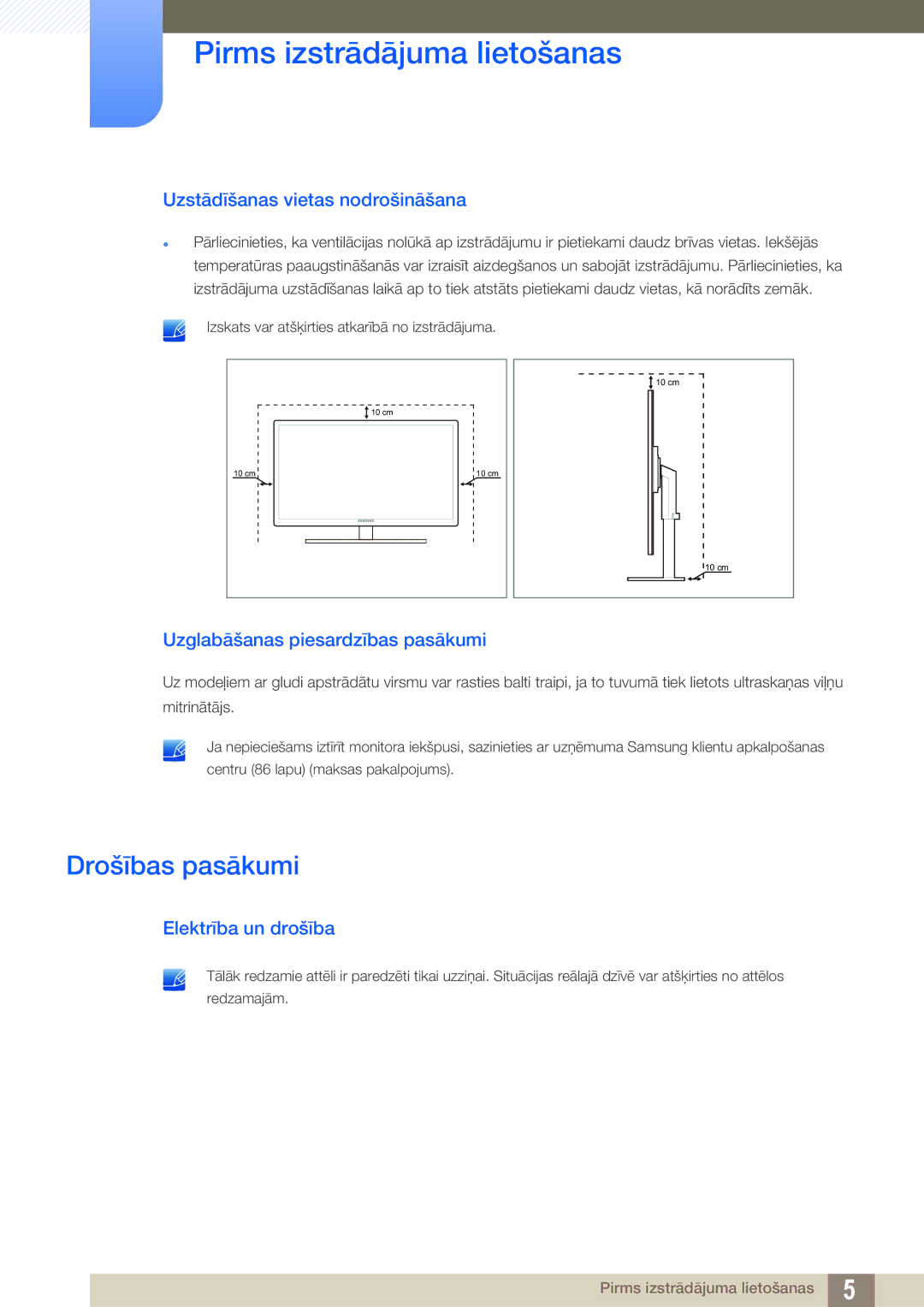 Samsung LS24A650DE/EN manual Drošības pasākumi, Uzstādīšanas vietas nodrošināšana, Uzglabāšanas piesardzības pasākumi 