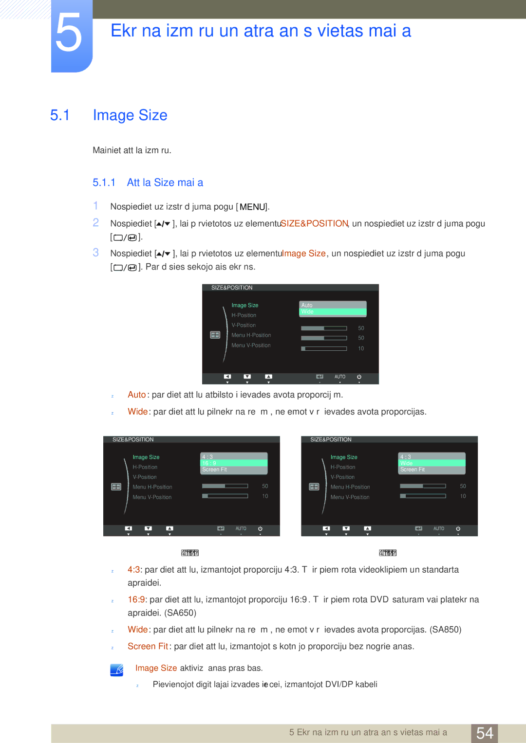 Samsung LS27A650DE/EN, LS24A650DE/EN manual Ekrāna izmēru un atrašanās vietas maiņa, Image Size, 1 Attēla Size maiņa 