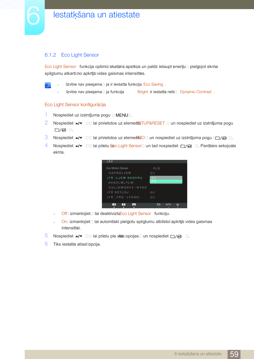 Samsung LS27A650DE/EN, LS24A650DE/EN, LS27A650DS/EN, LS24A650DS/EN, LS24A850DW/EN manual Eco Light Sensor konfigurācija 