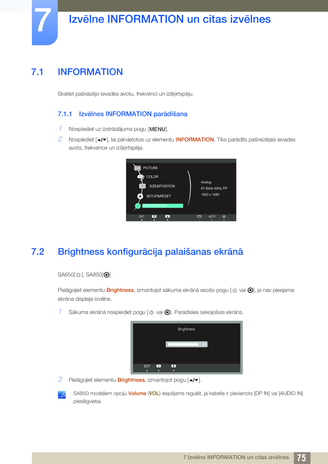 Samsung LS24A650DE/EN, LS27A650DS/EN Izvēlne Information un citas izvēlnes, Brightness konfigurācija palaišanas ekrānā 