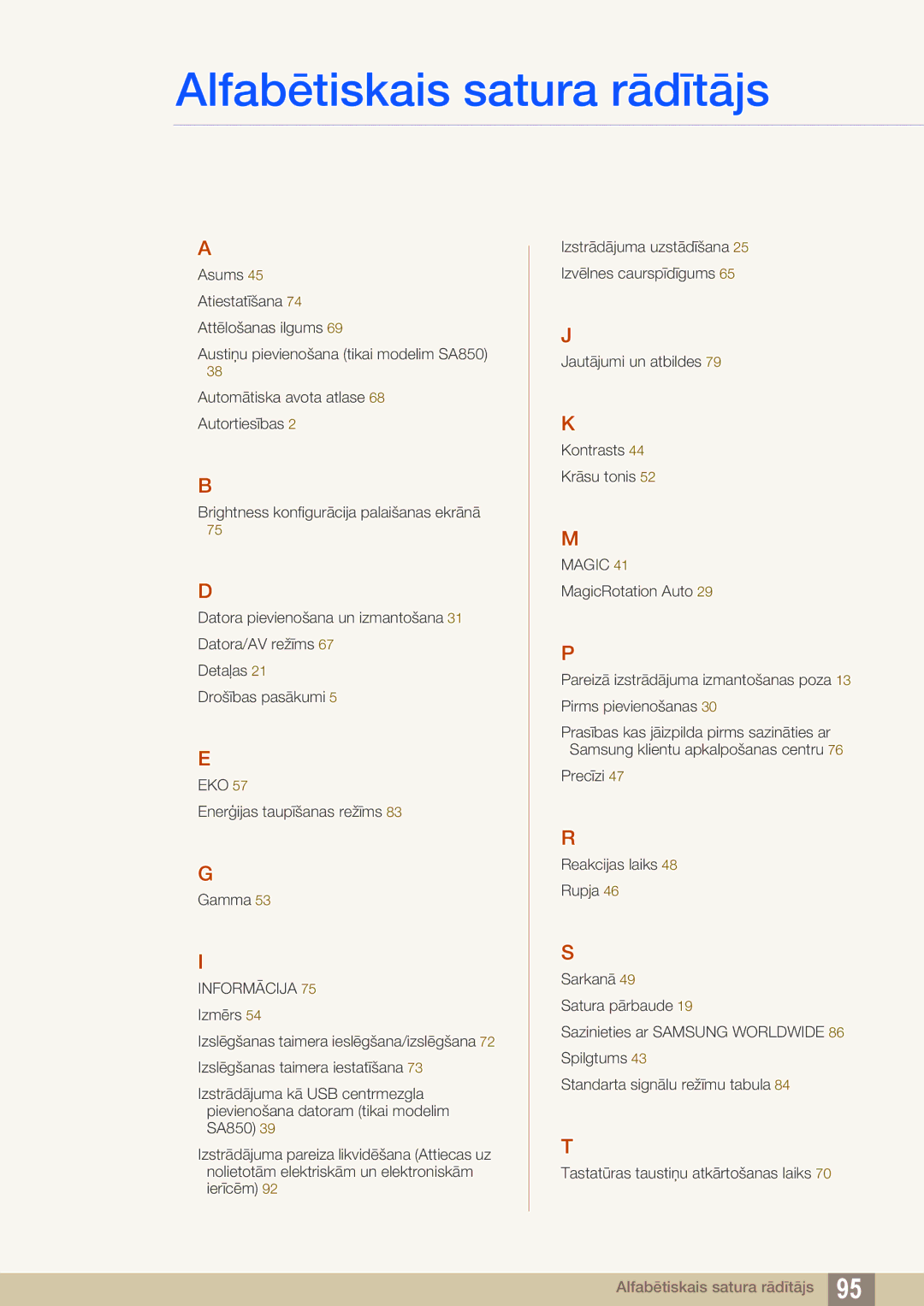 Samsung LS24A650DE/EN, LS27A650DS/EN, LS24A650DS/EN, LS24A850DW/EN, LS27A650DE/EN manual Alfabētiskais satura rādītājs 