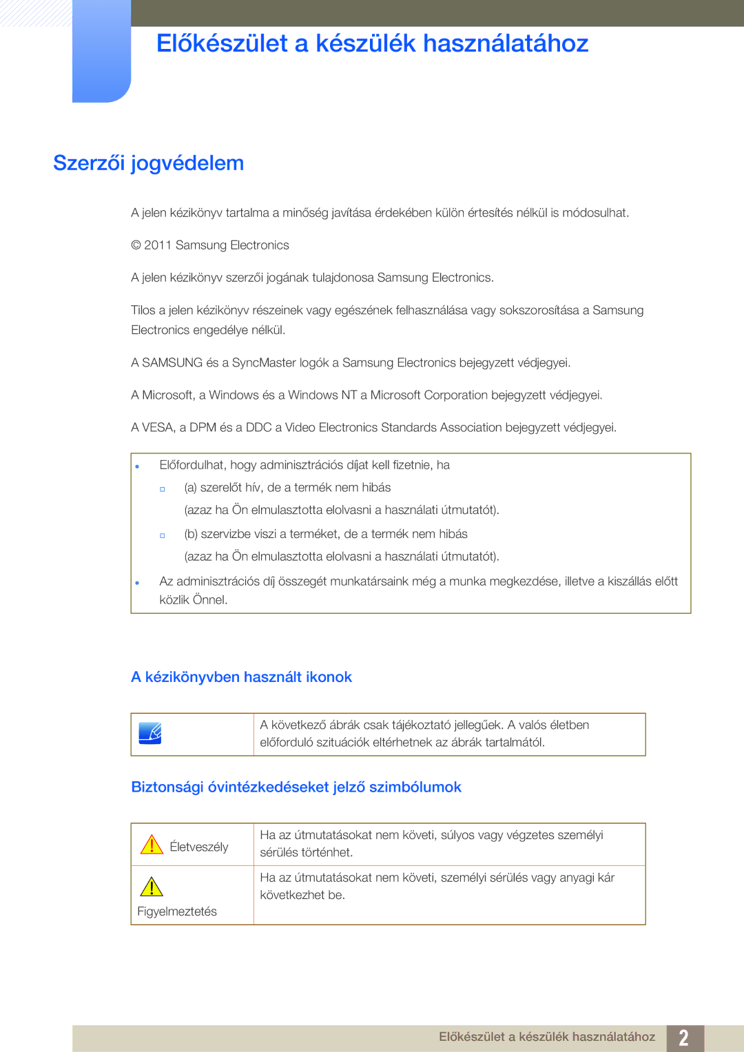 Samsung LS24A650DS/EN manual Előkészület a készülék használatához, Szerzői jogvédelem, Kézikönyvben használt ikonok 