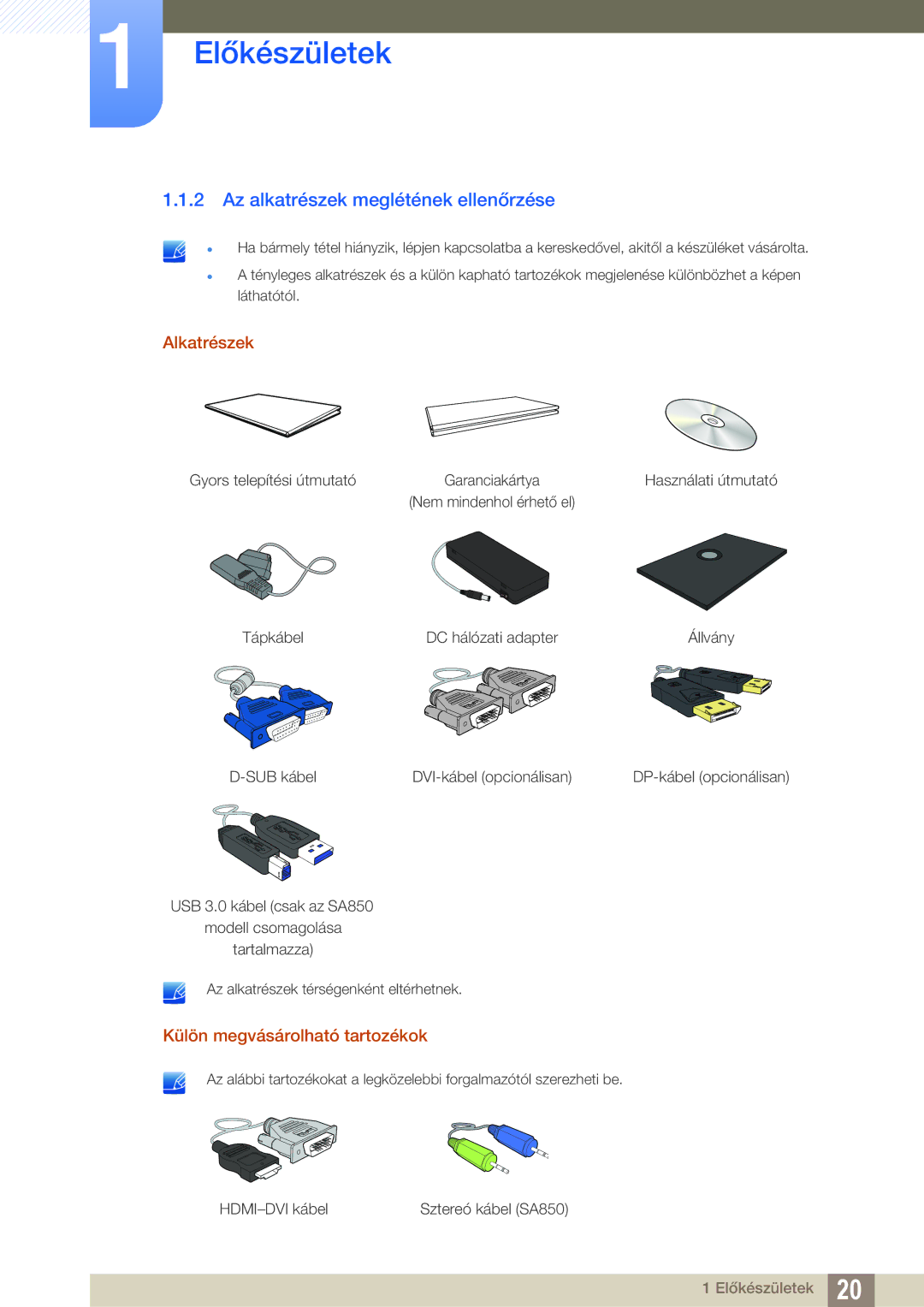 Samsung LS24A650DE/EN, LS27A650DS/EN Az alkatrészek meglétének ellenőrzése, Alkatrészek, Külön megvásárolható tartozékok 