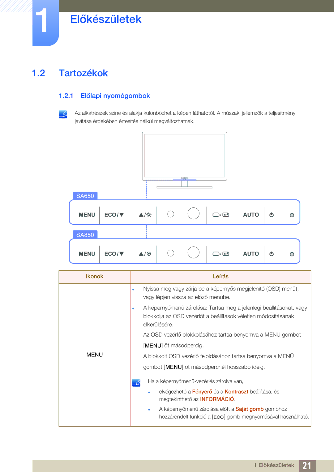 Samsung LS27A650DS/EN, LS24A650DE/EN, LS24A650DS/EN, LS24A850DW/EN, LS27A650DE/EN manual Tartozékok, 1 Előlapi nyomógombok 