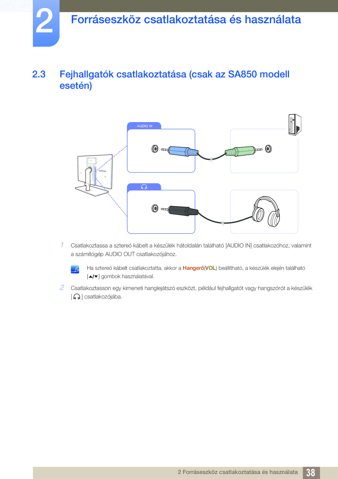 Samsung LS24A850DW/EN, LS24A650DE/EN, LS27A650DS/EN, LS24A650DS/EN Fejhallgatók csatlakoztatása csak az SA850 modell esetén 