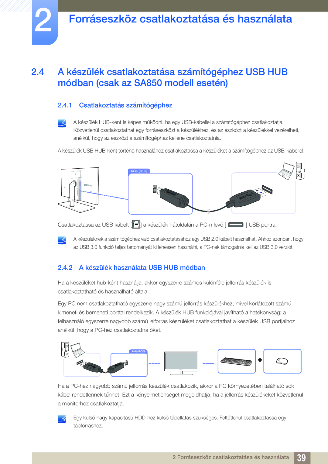 Samsung LS27A650DE/EN, LS24A650DE/EN, LS27A650DS/EN Csatlakoztatás számítógéphez, 2 a készülék használata USB HUB módban 