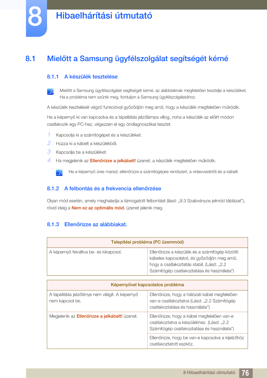 Samsung LS27A650DS/EN Hibaelhárítási útmutató, Mielőtt a Samsung ügyfélszolgálat segítségét kérné, 1 a készülék tesztelése 