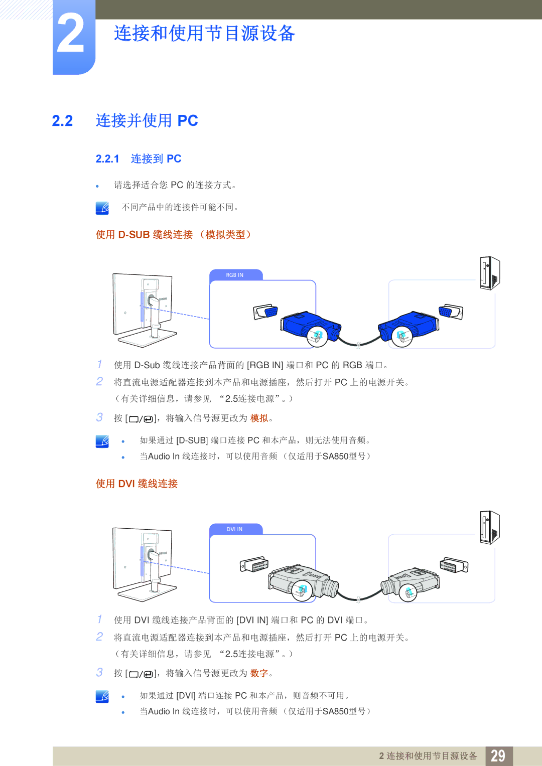 Samsung LS27A650DE/EN, LS24A650DE/EN, LS27A650DS/EN, LS24A650DS/EN, LS24A850DW/EN manual 连接并使用 Pc, 1 连接到 PC 