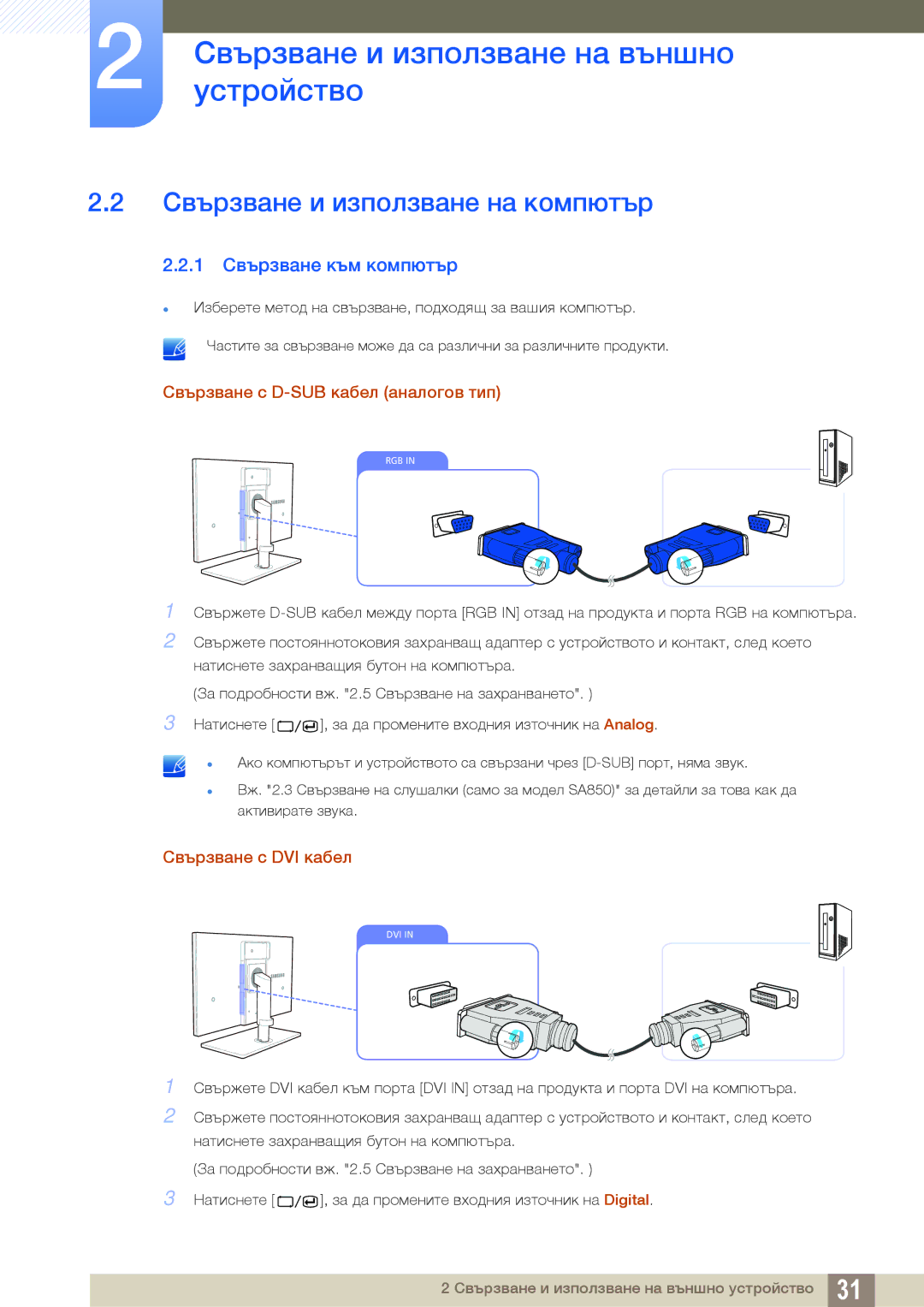 Samsung LS24A850DW/EN Свързване и използване на компютър, 1 Свързване към компютър, Свързване с D-SUB кабел аналогов тип 