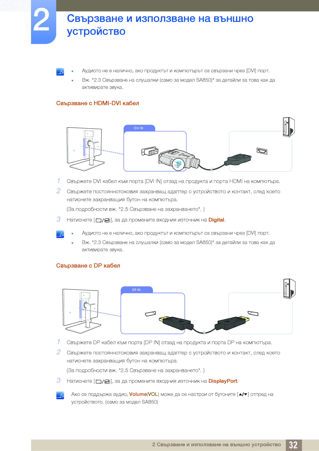 Samsung LS24A650DS/EN, LS24A850DW/EN manual Свързване с HDMI-DVI кабел, Свързване с DP кабел 