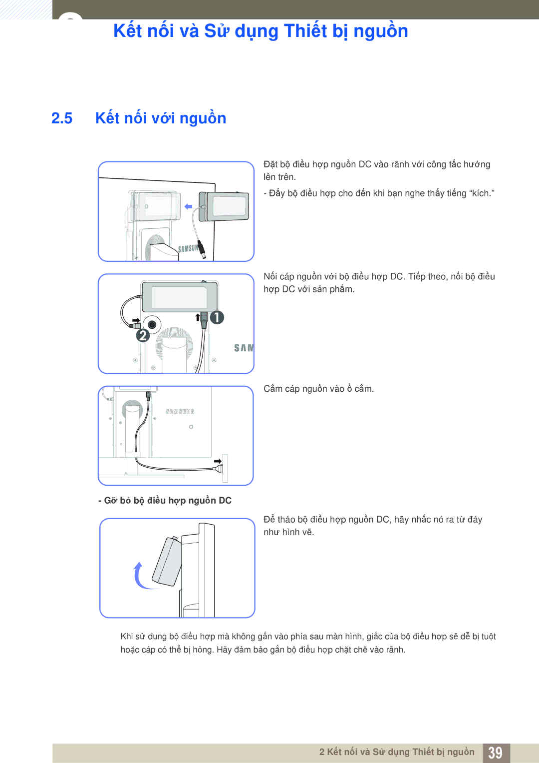 Samsung LS24A650DS/EN manual Kết nối với nguồn, Gỡ bỏ bộ điều hợp nguồn DC 