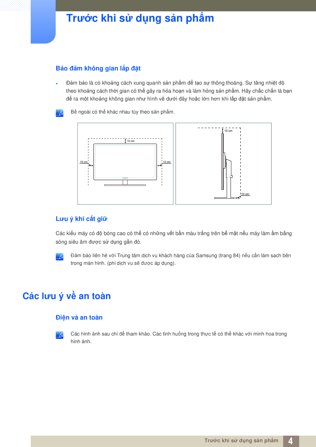 Samsung LS24A650DS/EN manual Các lưu ý về an toàn, Bảo đảm không gian lắp đặt, Lưu ý khi cất giữ, Điện và an toàn 