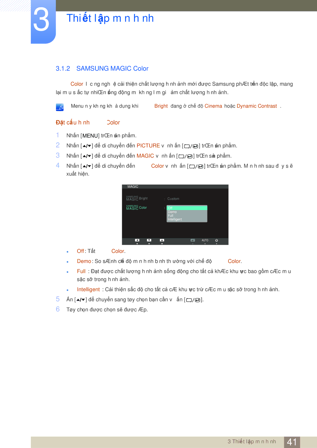 Samsung LS24A650DS/EN manual Samsung Magic Color, Đặt cấu hình MAGICSAMSUNGColor 