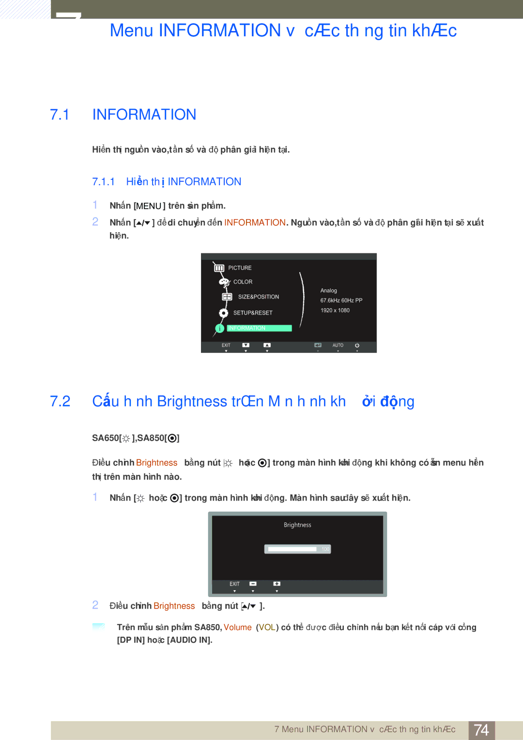 Samsung LS24A650DS/EN manual Menu Information và các thông tin khác, Cấu hính Brightness trên Màn hình khởi động 