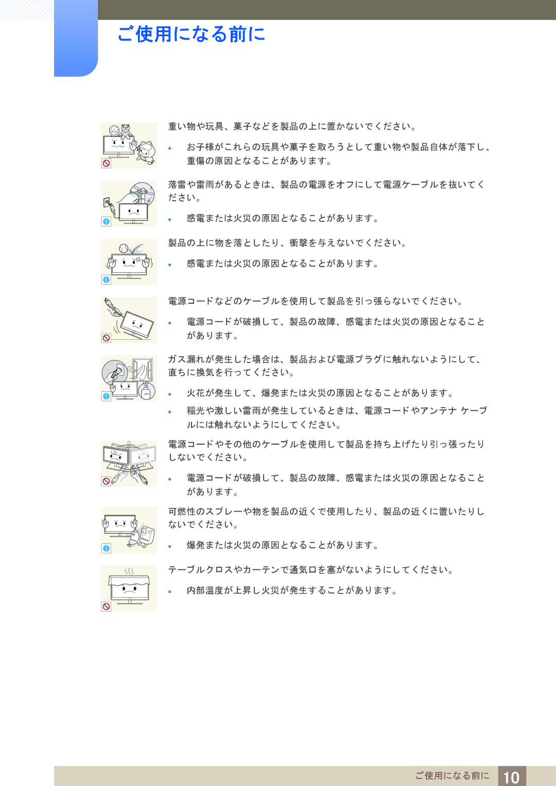 Samsung LS24A850DW/XJ, LS24A650DS/XJ, LS24A850DWV/XJ, LS27A650DS/XJ, LS27A650DSV/XJ  火花が発生し て、 爆発または火災の原因と なる こ とがあ り ます。 