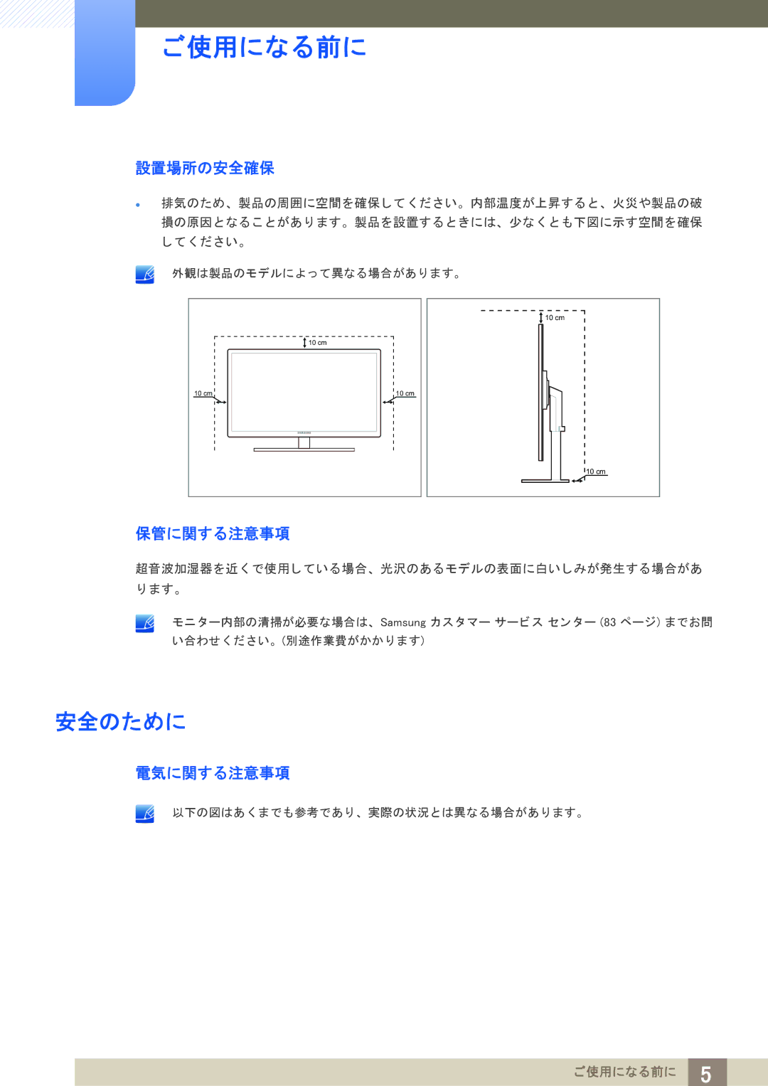 Samsung LS24A650DSV/XJ, LS24A650DS/XJ, LS24A850DWV/XJ, LS27A650DS/XJ, LS24A850DW/XJ 安全のために, 設置場所の安全確保, 保管に関する注意事項, 電気に関する注意事項 