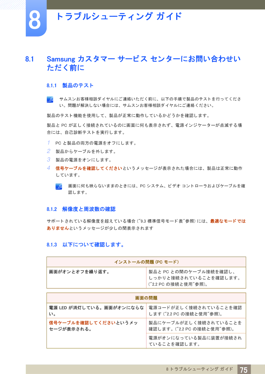 Samsung LS27A650DSV/XJ, LS24A650DS/XJ Samsung カス タ マー サービス セン ターにお問い合わせい ただ く 前に, 1 製品のテス ト, 2 解像度と周波数の確認, 3 以下について確認し ます。 