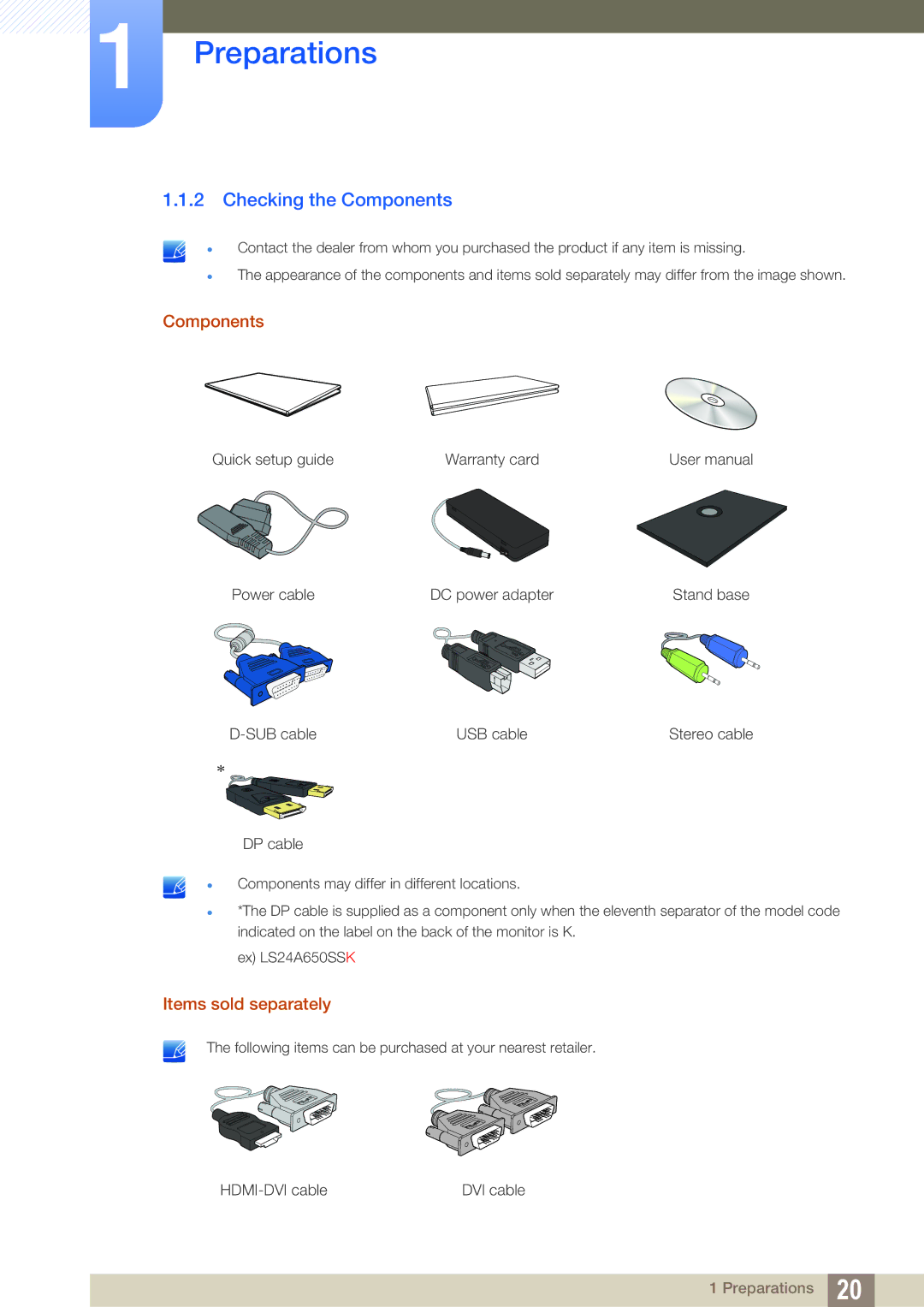 Samsung LS24A650SE/EN, LS24A650SS/EN manual Checking the Components, Items sold separately 