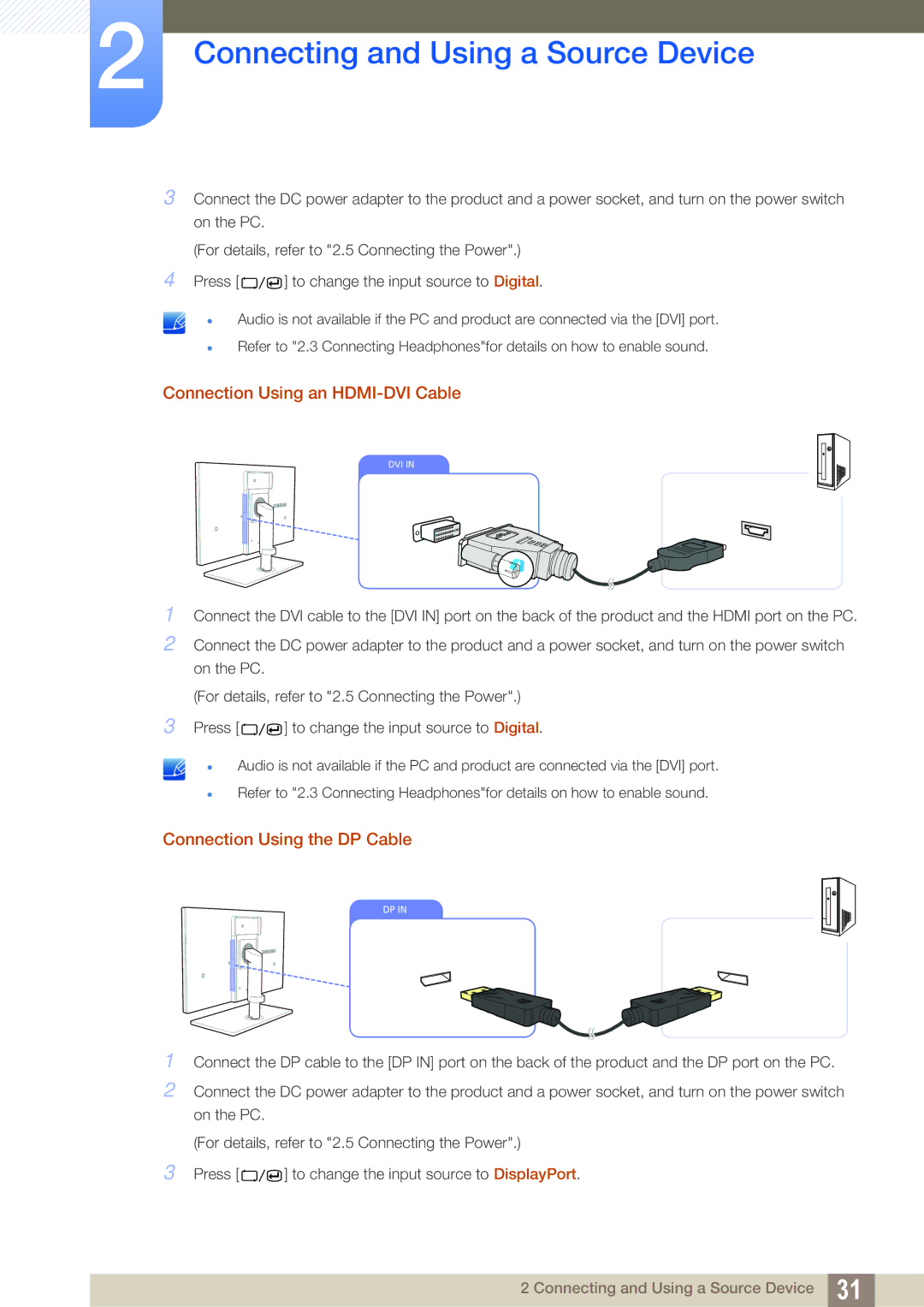 Samsung LS24A650SS/EN, LS24A650SE/EN manual Connection Using an HDMI-DVI Cable, Connection Using the DP Cable 