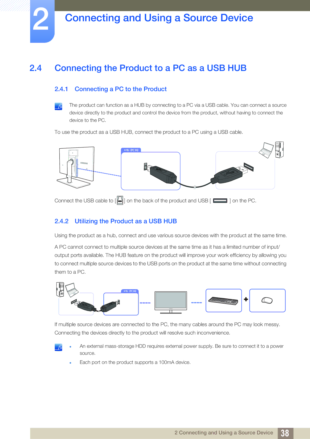 Samsung LS24A650SE/EN, LS24A650SS/EN manual Connecting the Product to a PC as a USB HUB, Connecting a PC to the Product 