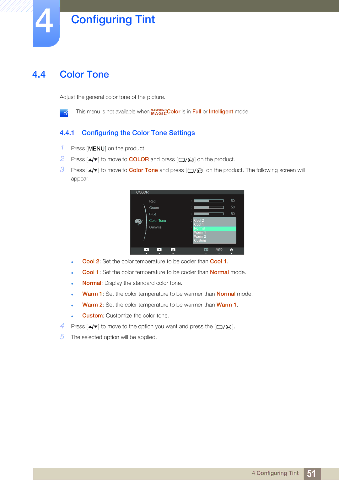 Samsung LS24A650SS/EN, LS24A650SE/EN manual Configuring the Color Tone Settings 