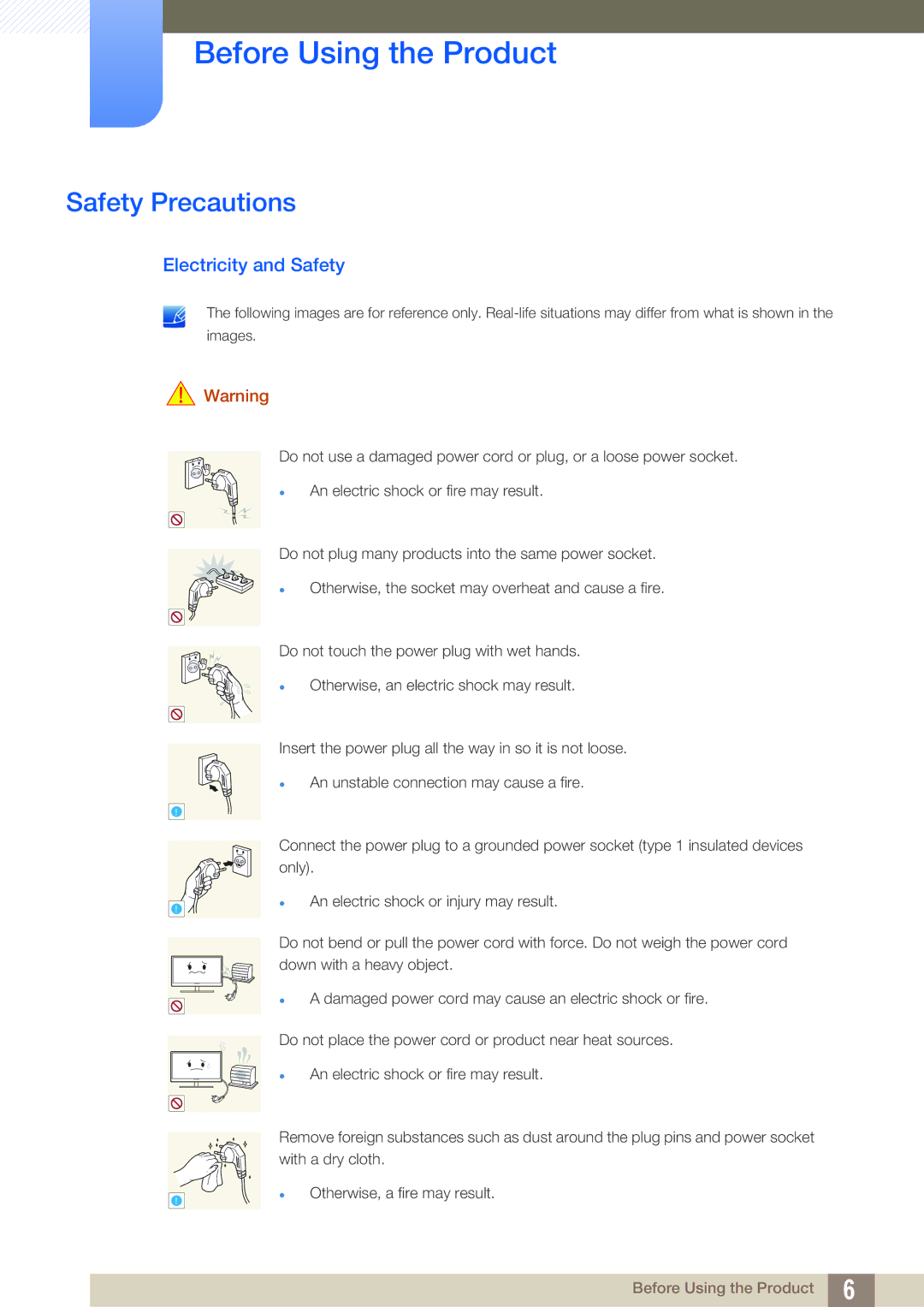 Samsung LS24A650SE/EN, LS24A650SS/EN manual Safety Precautions, Electricity and Safety 