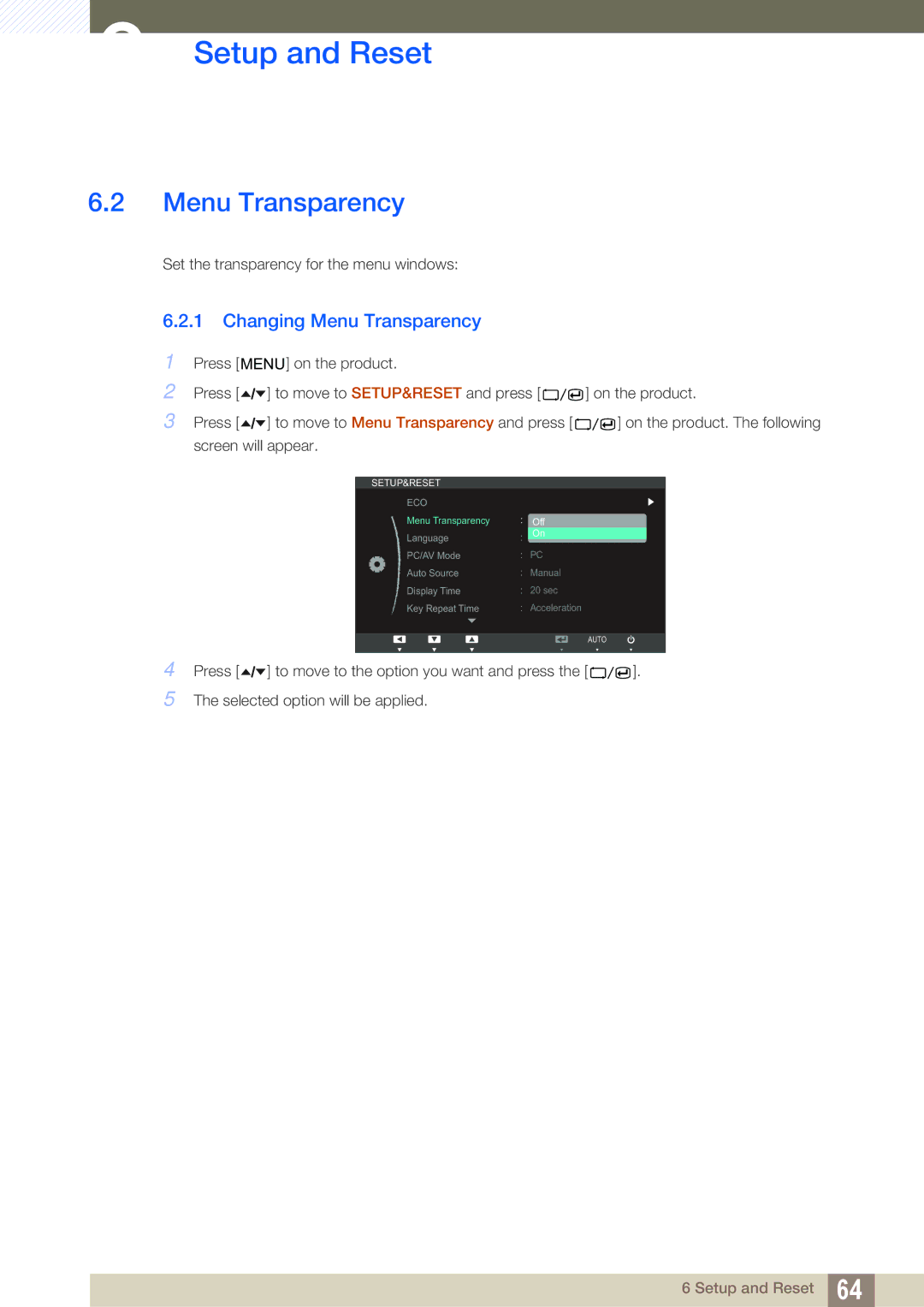 Samsung LS24A650SE/EN, LS24A650SS/EN manual Changing Menu Transparency 