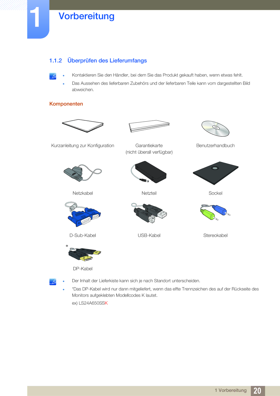 Samsung LS24A650SE/EN, LS24A650SS/EN manual 2 Überprüfen des Lieferumfangs, Komponenten 