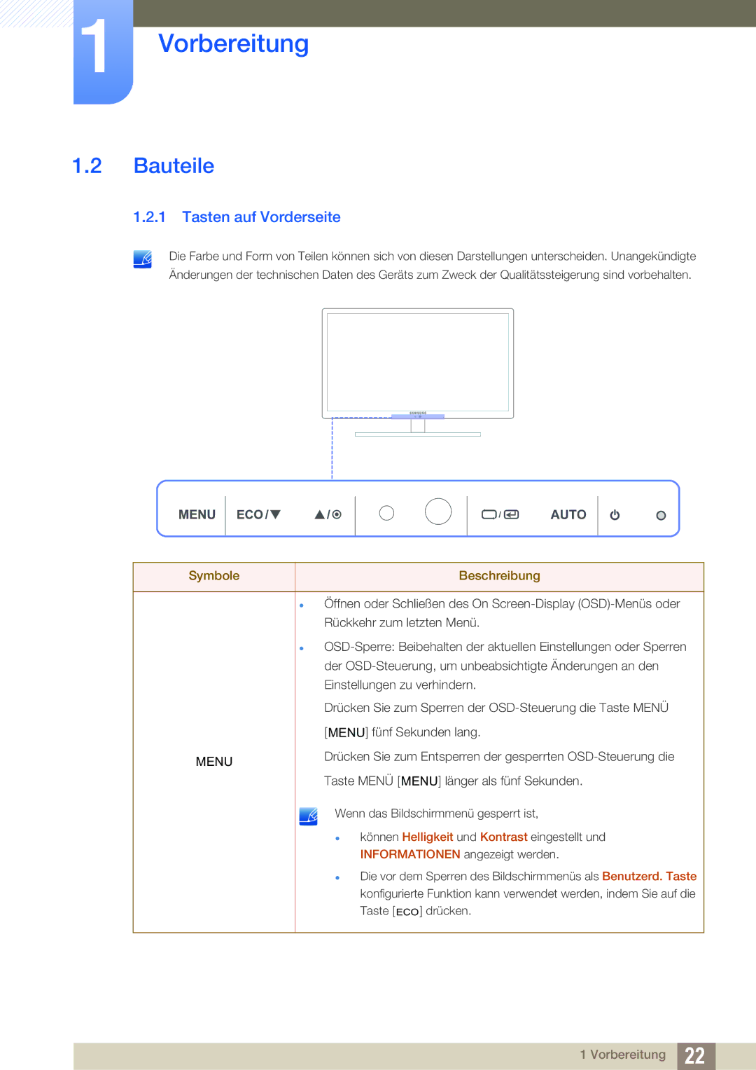 Samsung LS24A650SE/EN, LS24A650SS/EN manual Bauteile, Tasten auf Vorderseite 