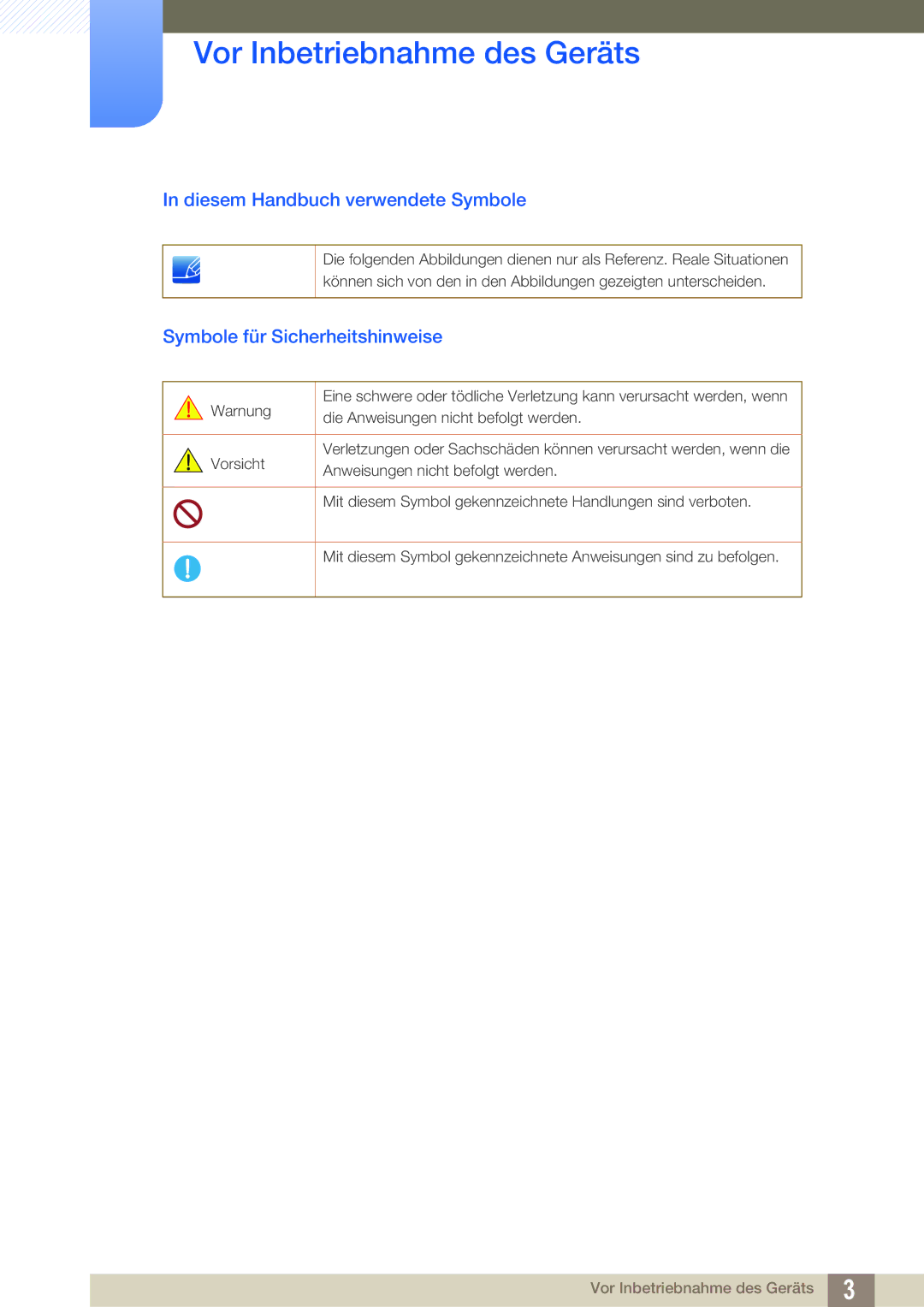 Samsung LS24A650SS/EN, LS24A650SE/EN manual Diesem Handbuch verwendete Symbole, Symbole für Sicherheitshinweise 