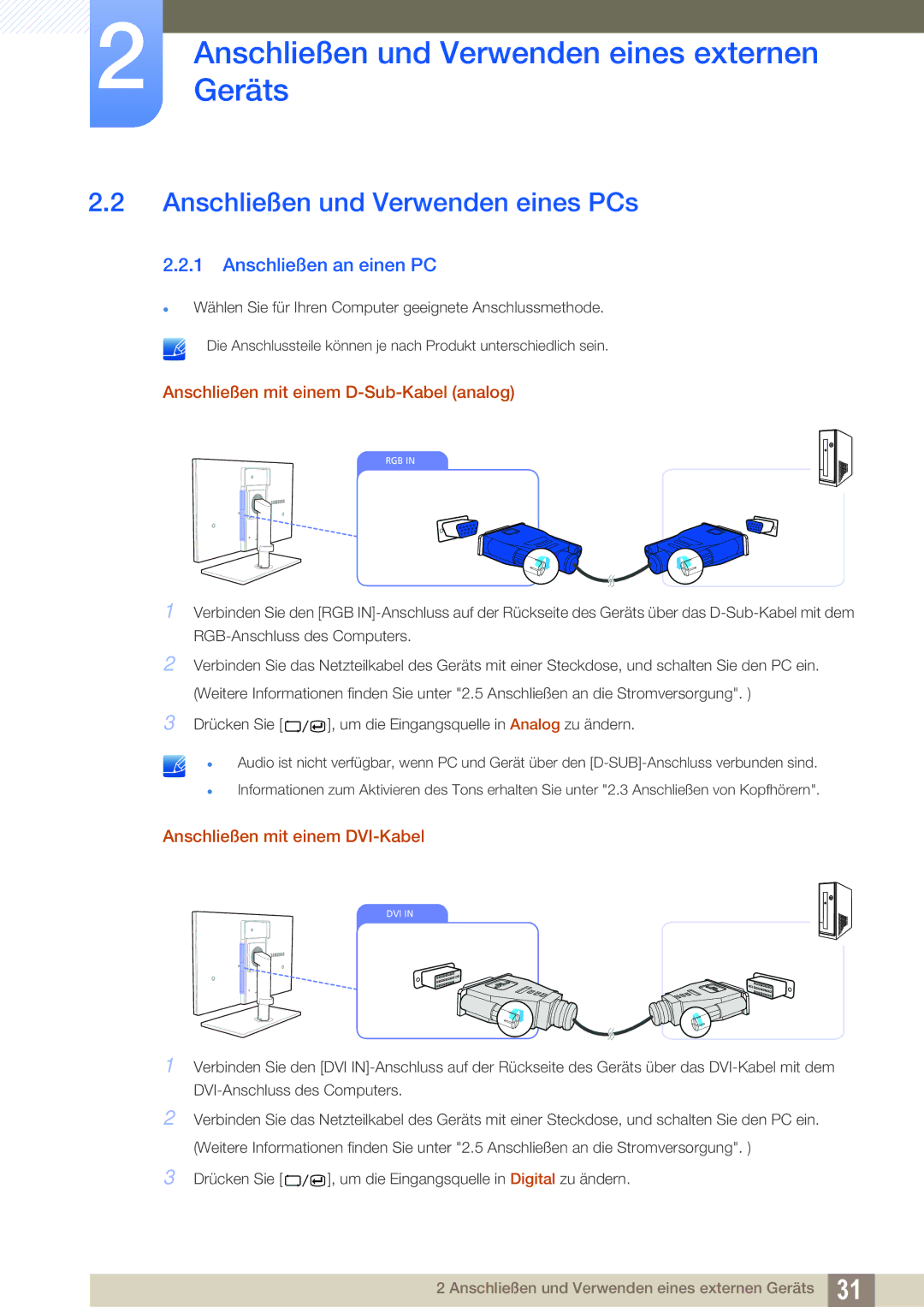 Samsung LS24A650SS/EN manual Anschließen und Verwenden eines PCs, Anschließen an einen PC, Anschließen mit einem DVI-Kabel 