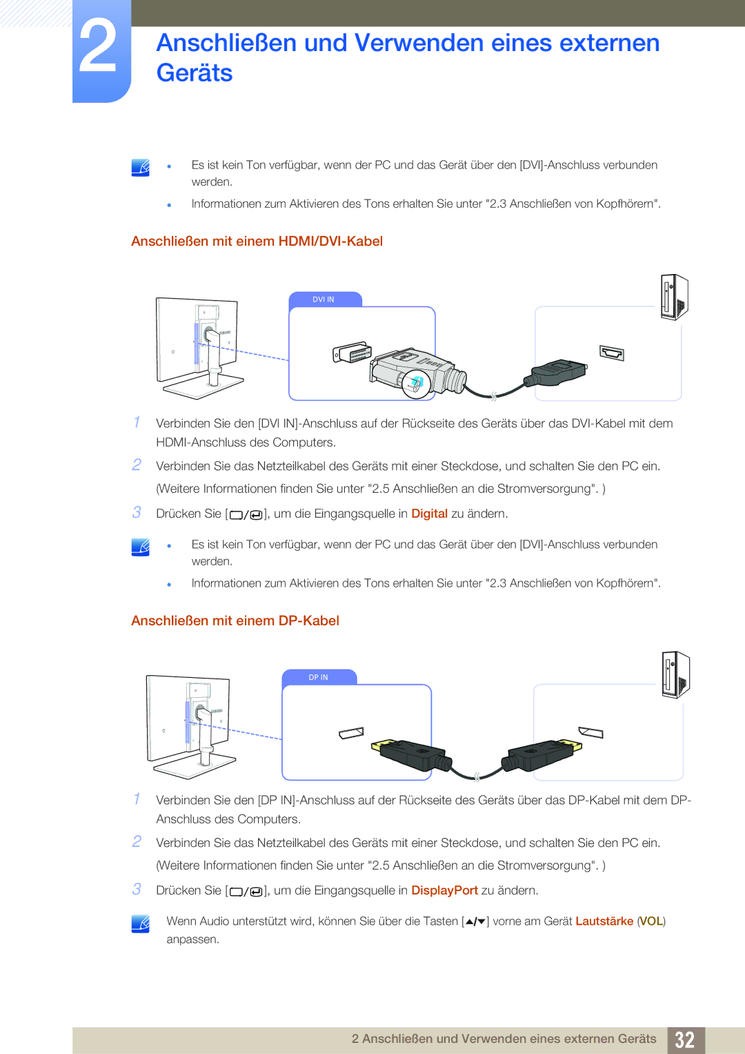 Samsung LS24A650SE/EN, LS24A650SS/EN manual Anschließen mit einem HDMI/DVI-Kabel, Anschließen mit einem DP-Kabel 