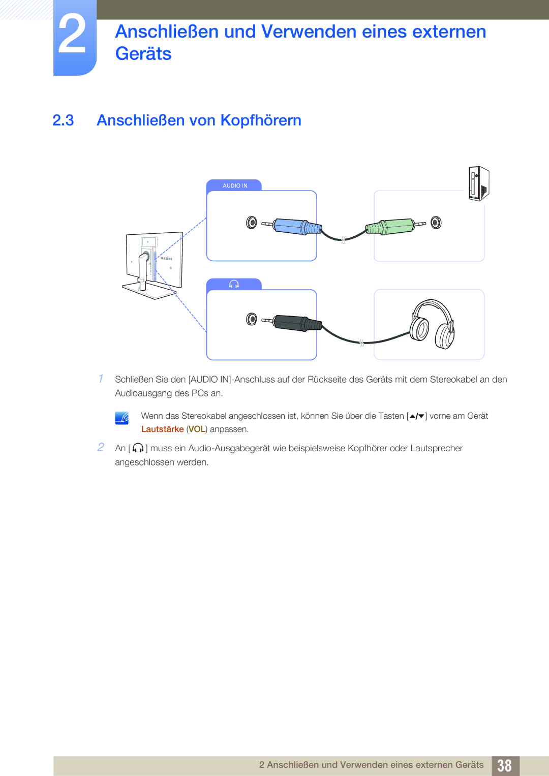 Samsung LS24A650SE/EN, LS24A650SS/EN manual Anschließen von Kopfhörern 