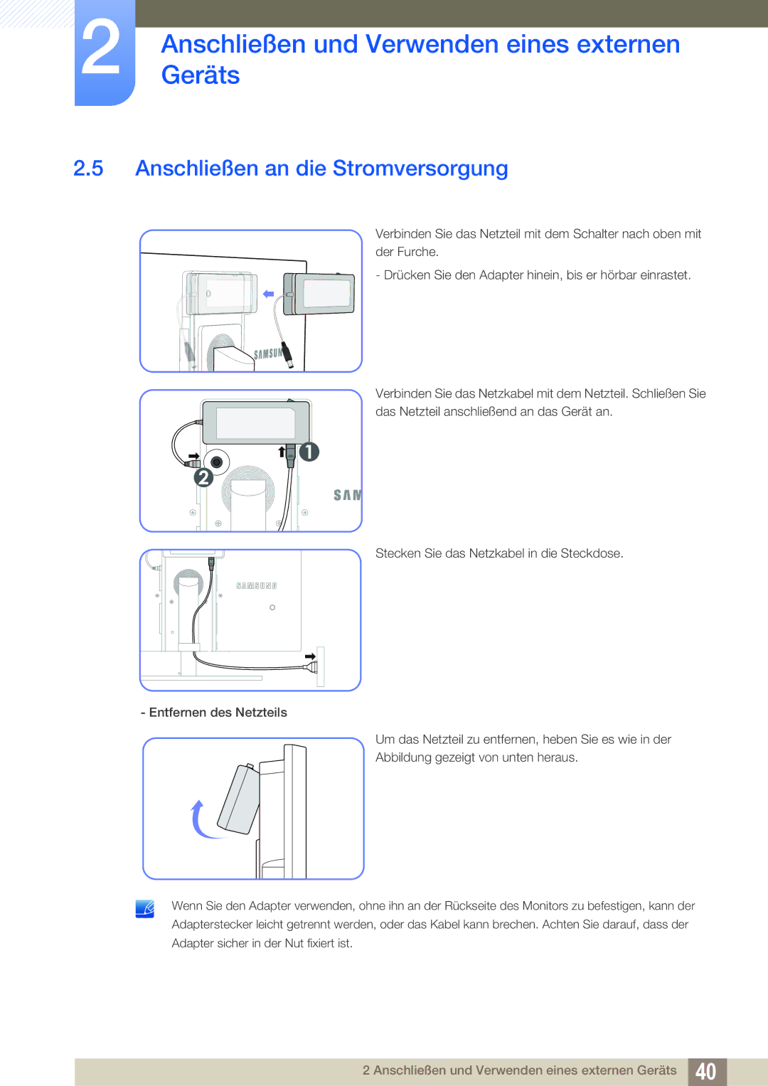 Samsung LS24A650SE/EN, LS24A650SS/EN manual Anschließen an die Stromversorgung 