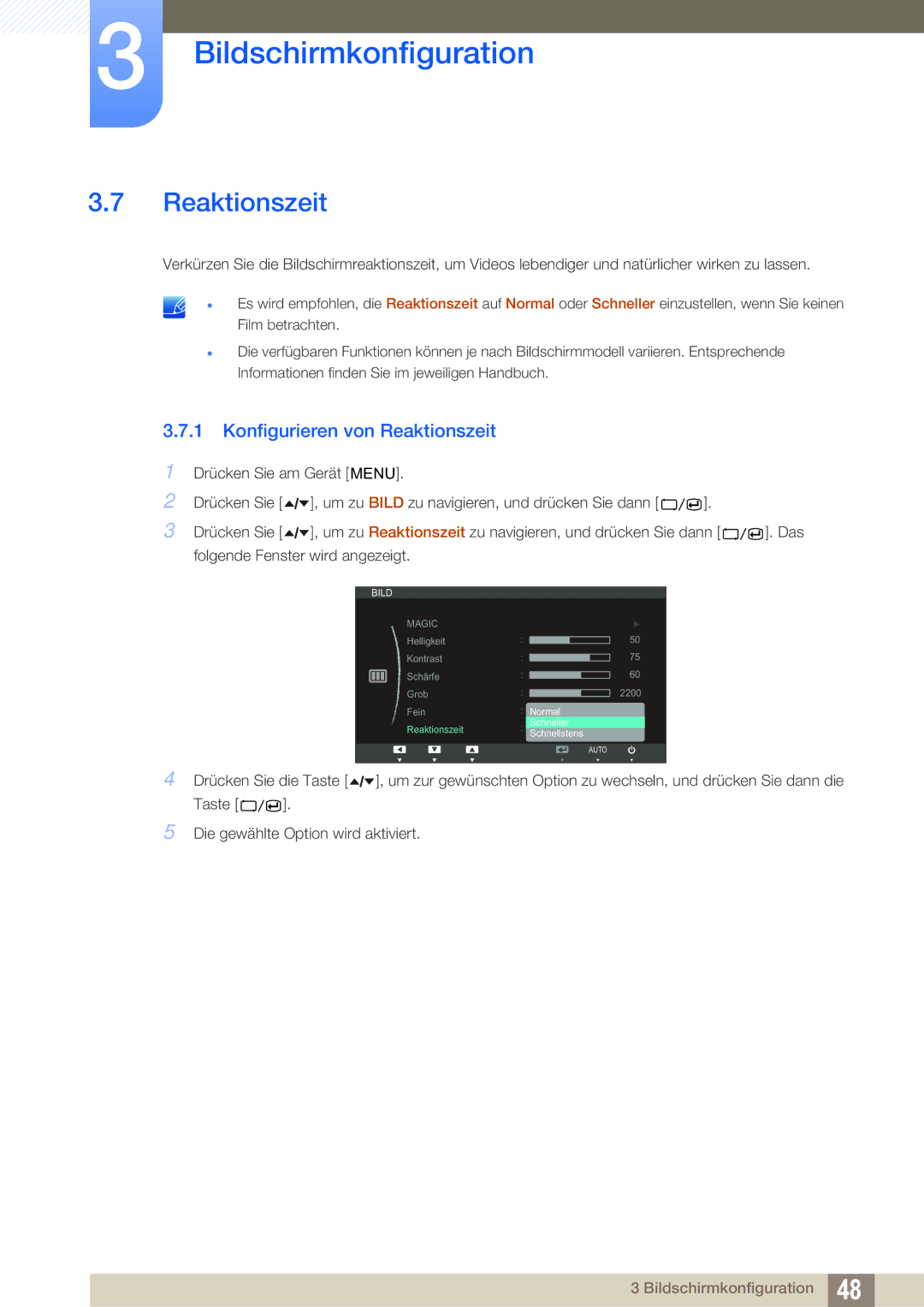 Samsung LS24A650SE/EN, LS24A650SS/EN manual Konfigurieren von Reaktionszeit 