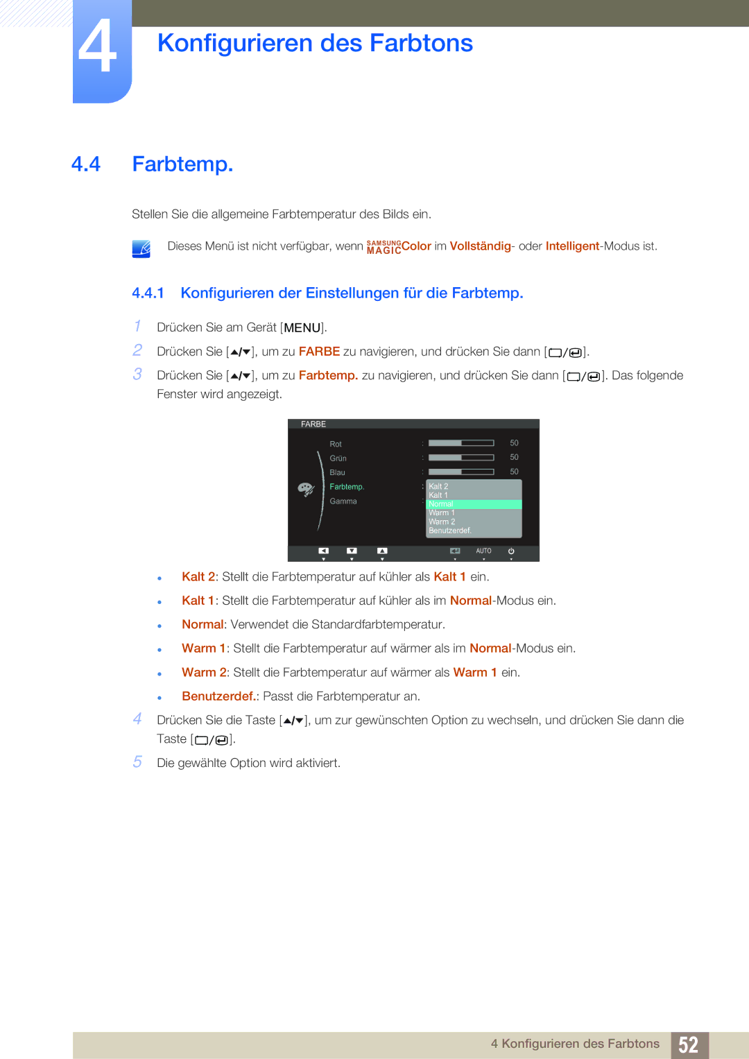 Samsung LS24A650SE/EN, LS24A650SS/EN manual Konfigurieren der Einstellungen für die Farbtemp 