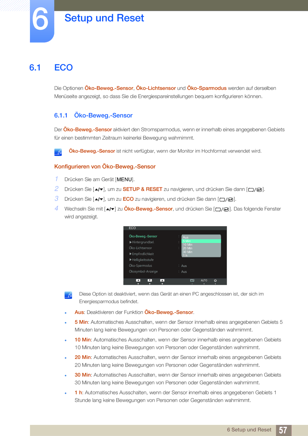 Samsung LS24A650SS/EN, LS24A650SE/EN manual Setup und Reset, Eco, 1 Öko-Beweg.-Sensor, Konfigurieren von Öko-Beweg.-Sensor 