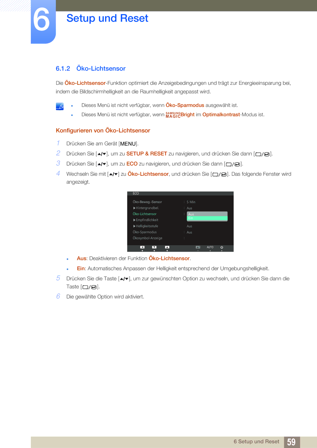 Samsung LS24A650SS/EN, LS24A650SE/EN manual 2 Öko-Lichtsensor, Konfigurieren von Öko-Lichtsensor 