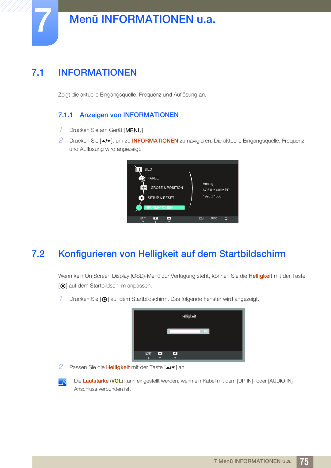 Samsung LS24A650SS/EN, LS24A650SE/EN manual Menü Informationen u.a, Konfigurieren von Helligkeit auf dem Startbildschirm 