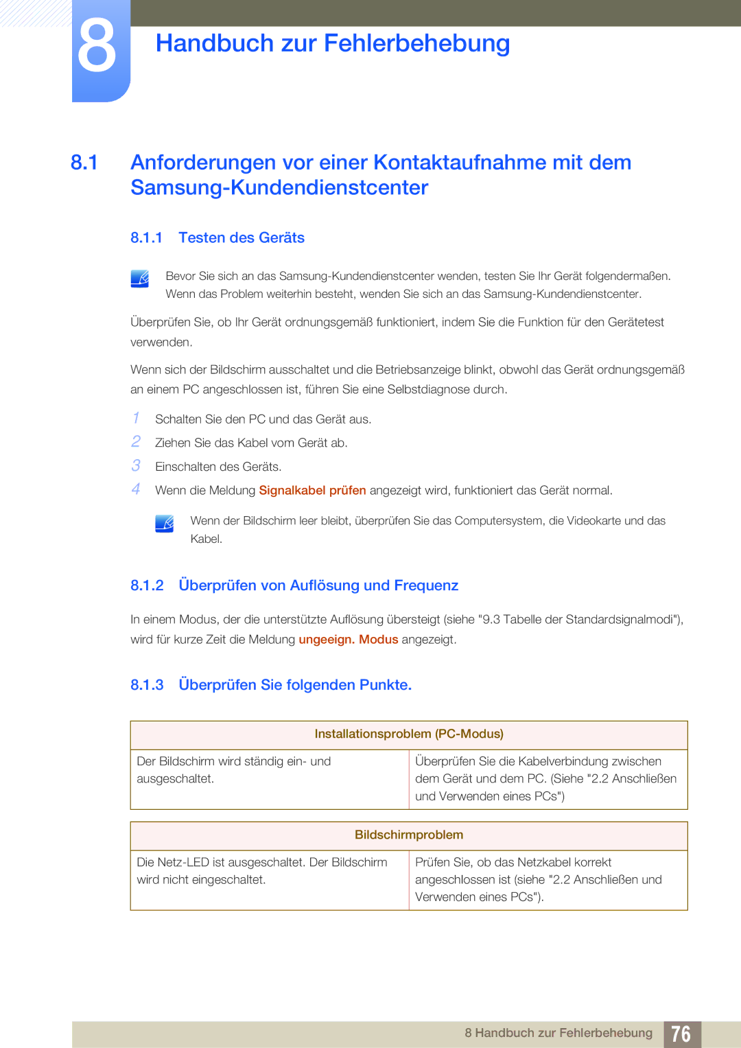 Samsung LS24A650SE/EN manual Handbuch zur Fehlerbehebung, Testen des Geräts, 2 Überprüfen von Auflösung und Frequenz 