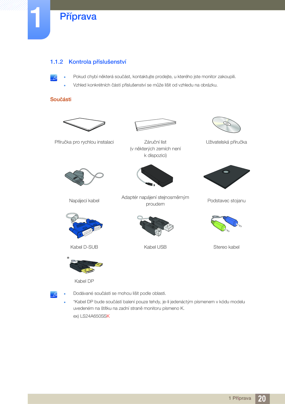 Samsung LS24A650SE/EN, LS24A650SS/EN manual Kontrola příslušenství, Součásti 