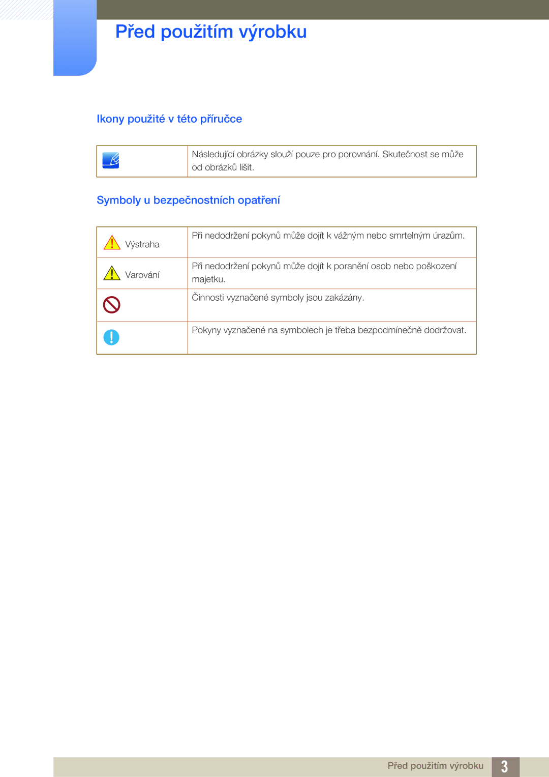 Samsung LS24A650SS/EN, LS24A650SE/EN manual Ikony použité v této příručce, Symboly u bezpečnostních opatření 