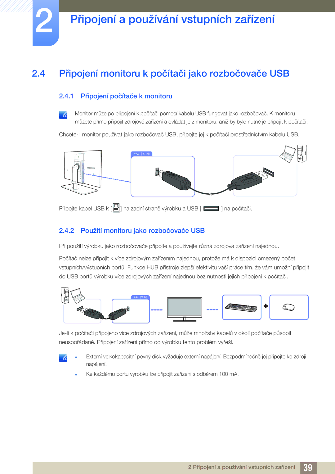 Samsung LS24A650SS/EN, LS24A650SE/EN Připojení monitoru k počítači jako rozbočovače USB, 1 Připojení počítače k monitoru 