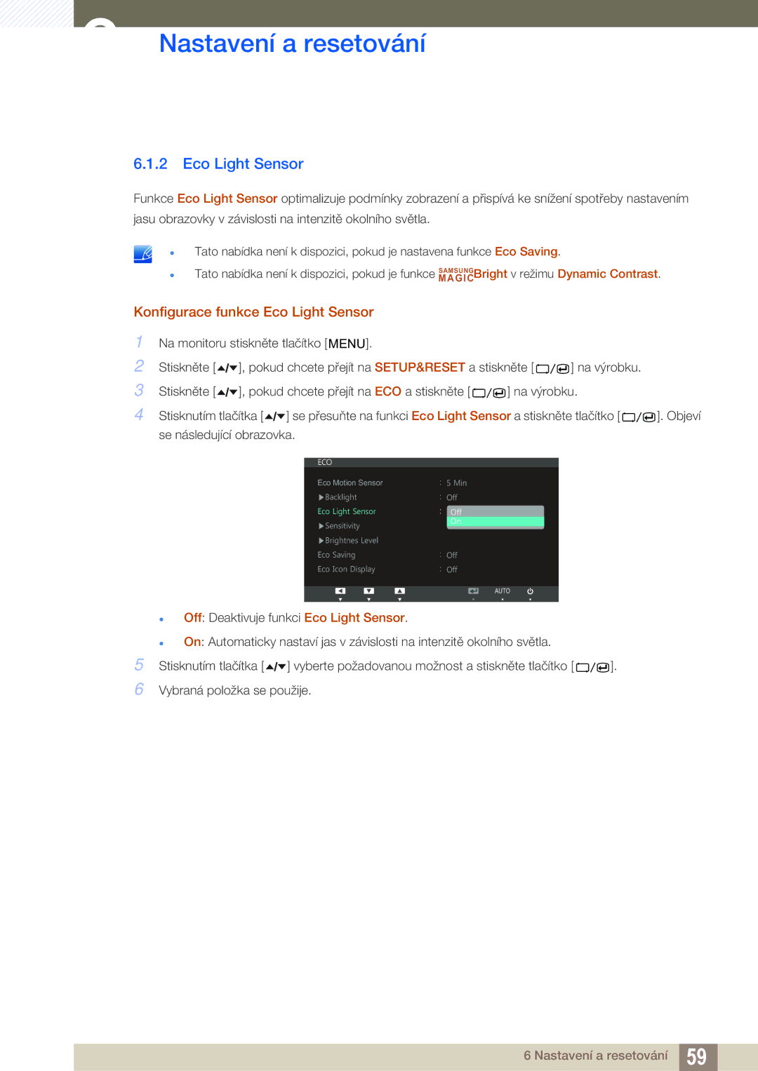 Samsung LS24A650SS/EN, LS24A650SE/EN manual Konfigurace funkce Eco Light Sensor 