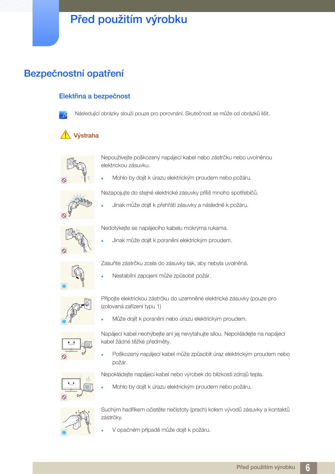 Samsung LS24A650SE/EN, LS24A650SS/EN manual Bezpečnostní opatření, Elektřina a bezpečnost, Výstraha 