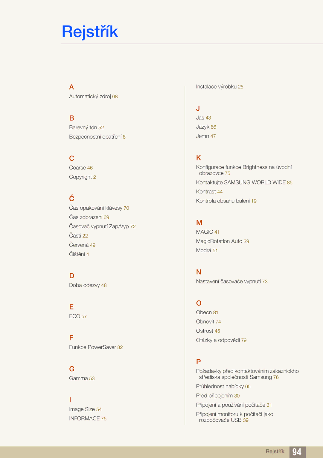 Samsung LS24A650SE/EN, LS24A650SS/EN manual Rejstřík 